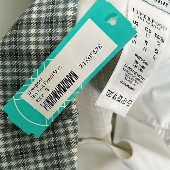 NWT Liverpool Bia Knit Pencil Skirt Herringbone Plaid Blue Gray White 8 - Picture 9 of 11